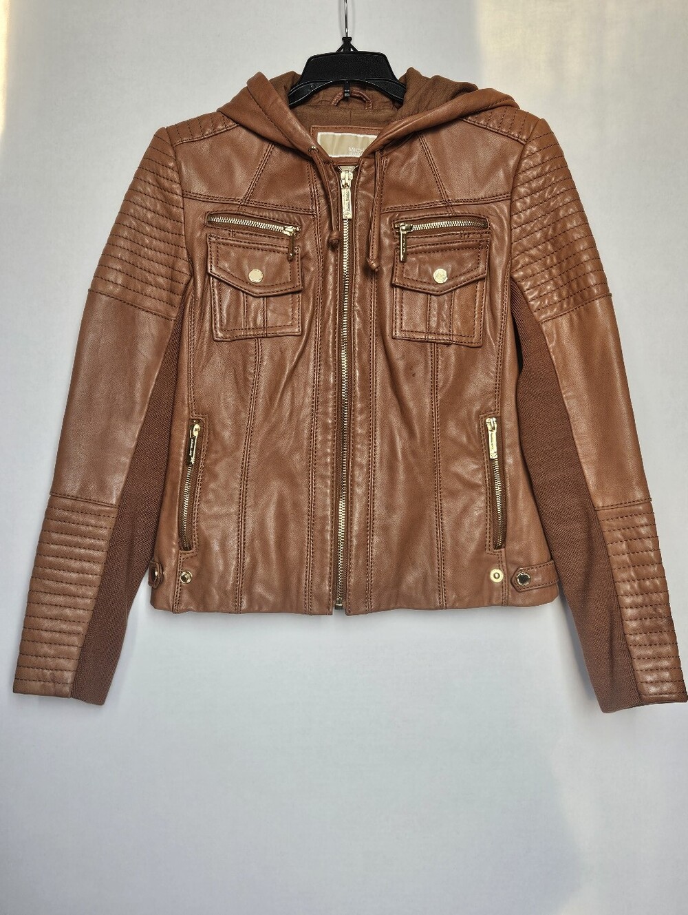 ​MICHAEL Michael Kors Women Brown Leather Hooded Moto Jacket Size PM Petite M